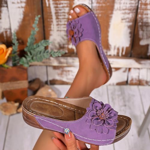 Womens 3D Flowers Orthopedic Wedge Sandals Summer Beach Floral Slip-On Wedge Sandal Arch Support Fish Mouth Open Toe Boho Slippers2