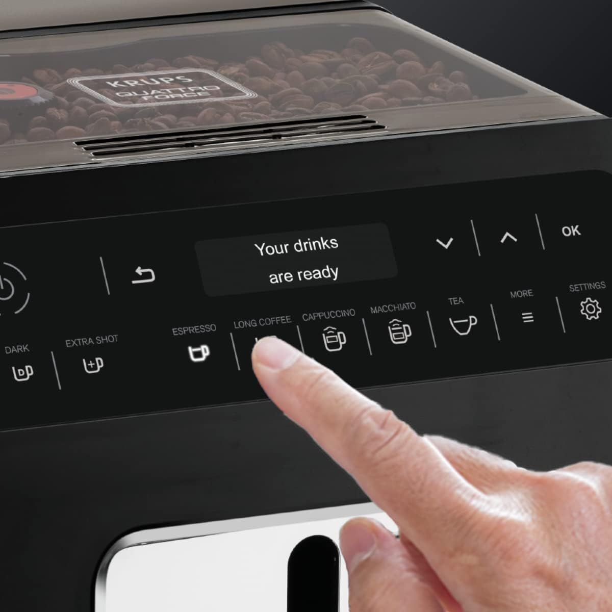 Close-up of the OLED screen and touch controls on the Krups Evidence EA891810
