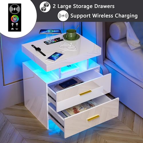 Image of HNEBC Auto LED Nightstand with Wireless Charging Station & USB Ports,High Gloss Bedside Tables with 2 Drawers,Floating Nightstand with 3 Color & Adjustable Brightness for Bedroom,White