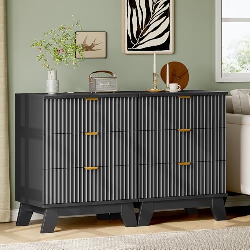 Image of Xixini Fluted Nightstand with Charging Station, Tall Bedside Table, Black