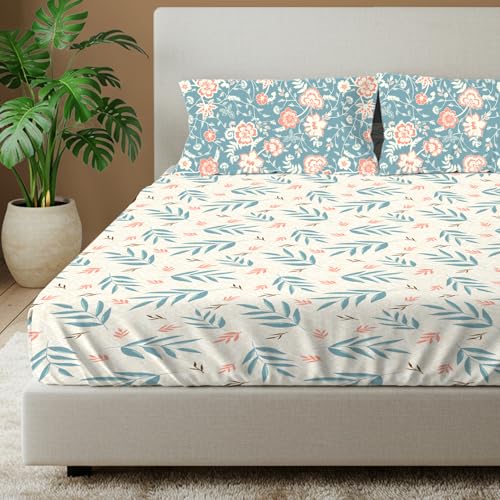 Image of Urban Space Divine 100% Cotton King Fitted Size Bedsheet, 144 TC Super Soft Elastic bedsheets for King Size Bed, Floral Design King bedsheet with 2 Pillow Covers (72 inch x 78 inch, Raina Blue)
