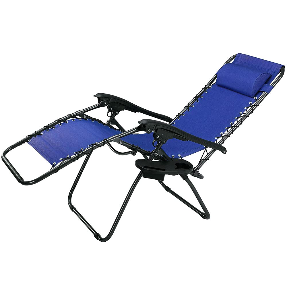 BAKAJI Chaise Longue Transat Jardin Plein Air, Transat de Plage Pliable, Bain de Soleil avec Repose-tête, d’accoudoirs Réglables, Chaise de Camping Gravité Zéro en Oxford (Bleu avec Plateau)