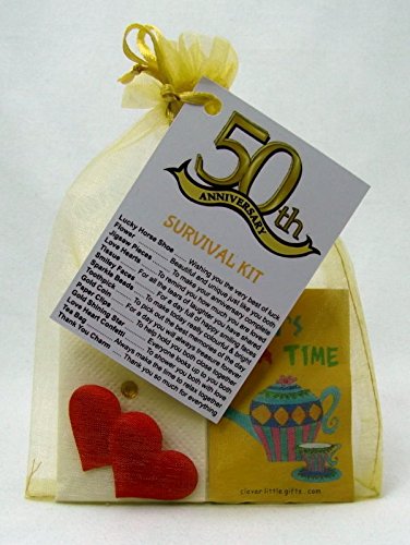 cleverlittlegifts 50th Golden Wedding Anniversary SURVIVAL KIT + Mini love heart sweets (Survival kit + 50 packs of sweets, Gold)
