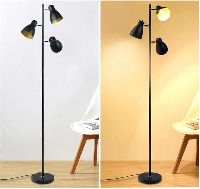 Depuley Depuley Vloerlamp voor woonkamer, 3 koppen, flexibel, metaal, zwart, moderne led-vloerlamp voor woonkamer, kantoor, werkkamer, voetschakelaar, warm licht, type E27 photo 2