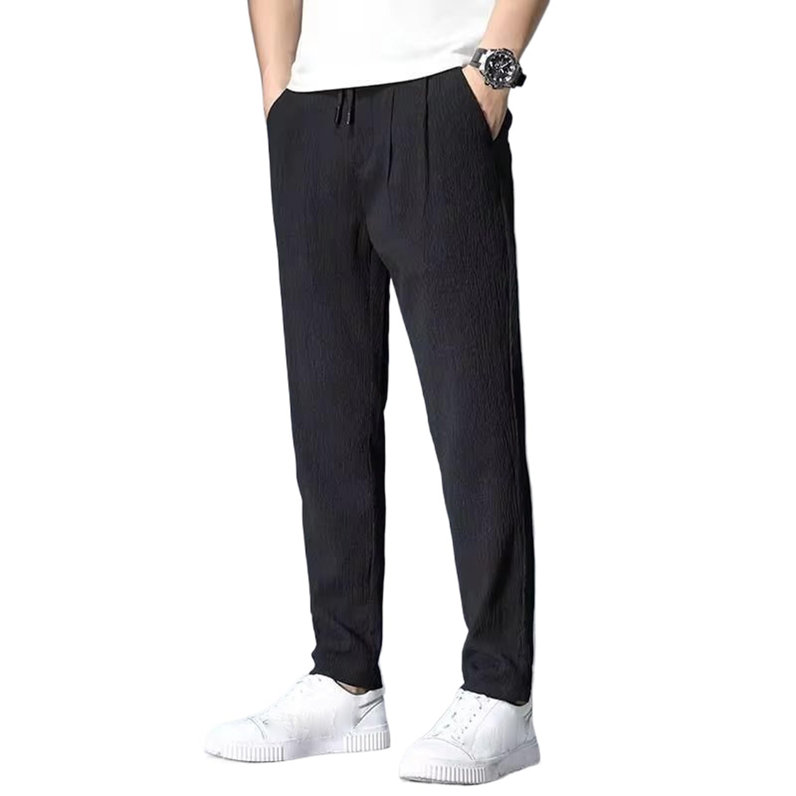Pantalon jambe droite ample WOLONG à cordon de serrage et taille basse