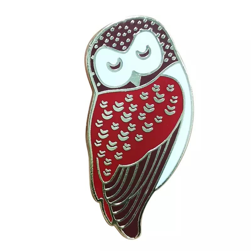 Image of Owl Enamel Pin Brooch, Sleepy Owl, 1 Inch Tall, Red, Brown, and White