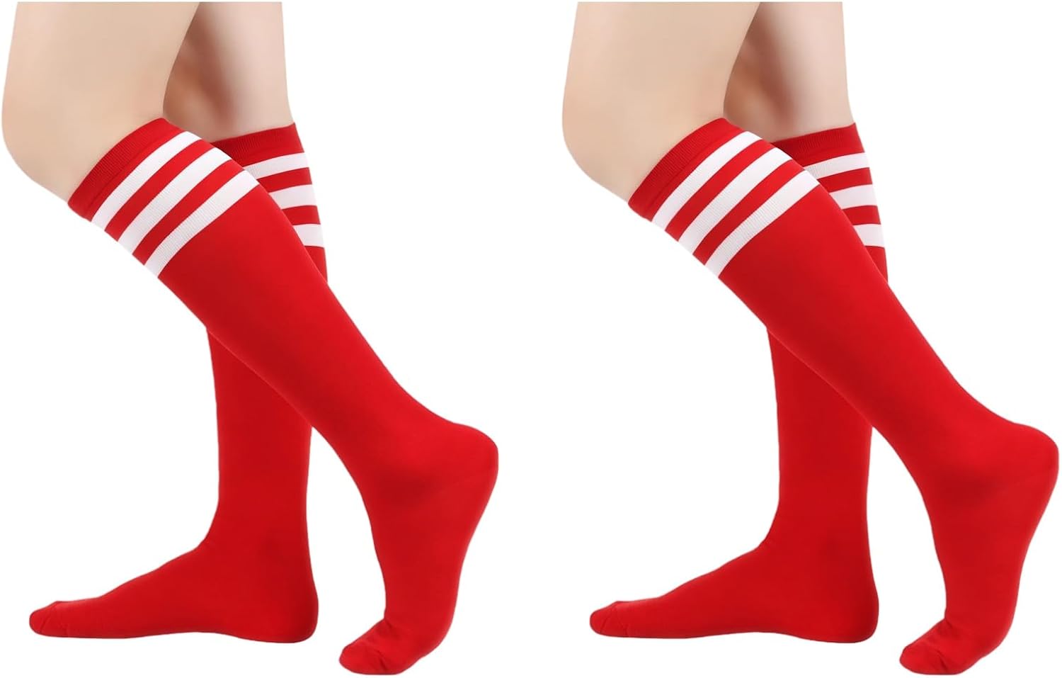 Christmas Classic Athletic Knee High Socks, 2 Pairs Triple Stripes Over The Calf Vintage Tube Socks for Men Women