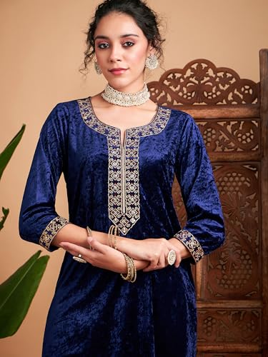 Image of Women Velvet Embroidered Straight Kurta