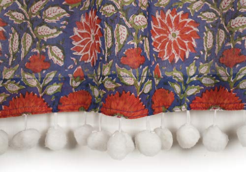 Image of Ravaiyaa - Attitude is everything Cotton Hand Block Printed Floral Design Short Drapery Valance Curtain for Kitchen /Laundry Room /Studio 40 inch X 18 inch Inch (Blue)