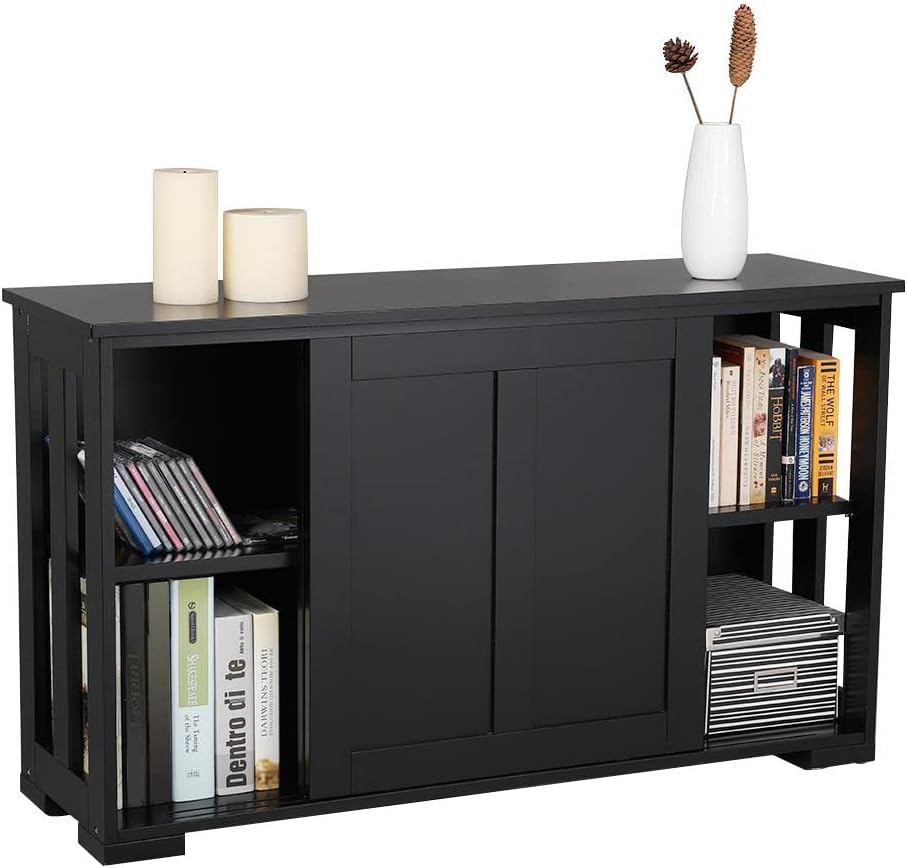 Yaheetech Kitchen Storage Cabinet in black, featuring two sliding doors and open shelves on the sides, with decorative items on top.