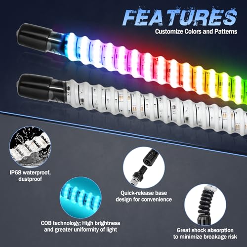 Image of 2 Pack 1FT COB LED Whip Lights, Fastchoy Auto UTV Whip Lights with App & Remote Control, Spiral RGB Chasing Lighted Whips for Side by Side UTV ATV RZR SXS Can-Am Polaris Offroad Truck