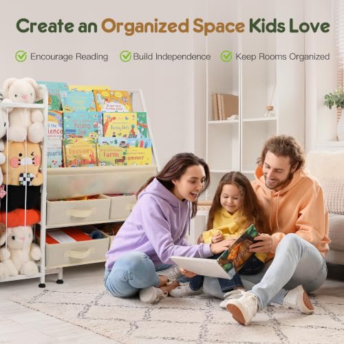Kids Bookshelf and Toy Storage Organizer, 3-Tier Front Facing Book Display with Stuffed Animal Organizer & 4 Removable Storage Bins, Montessori Kids Book Shelf for Toddler Bedroom, Nursery, Playroom - Image 9