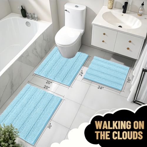 Image of OLANLY Thick Bathroom Runner Rugs 44x24, Extra Absorbent Chenille Striped Bath Rugs, Rubber Backing, Machine Wash Dry, Long Bath Mats for Bathroom, Tub and Shower, Home Decor Accessories, Sky Blue