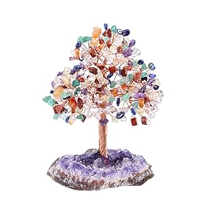 12cm Buntes Kristallbäumchen auf Amethyst Druse, Spirituelle Chakra Heilstein Deko | Edelstein-Baum