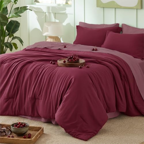 Image of Bedsure King Size Comforter Set - 7 Pieces Burgundy King Bedding Set for All Seasons, Boho Contrasting Design Bed in a Bag with Comforter, Sheets, Pillowcases & Shams