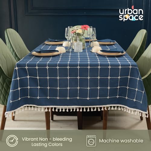 Image of Urban Space 100% Cotton Rectangular Dining Table Cover 4 Seater, Premium Embroidered Cotton Table Cover for Center Table with Tassels, Rectagular Table Cloth 52 inch x 72 inch (4 Seater, Aura Checks Indigo)