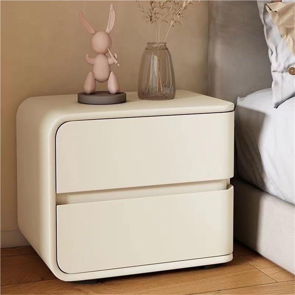 Modern with 2 Drawers, Leather Bedside Table, Solid Wood Frame, Curved Profile Design End Living Room Bedroom Storage Cabinet(Beige-A,15.7x15.7x18.9in)
