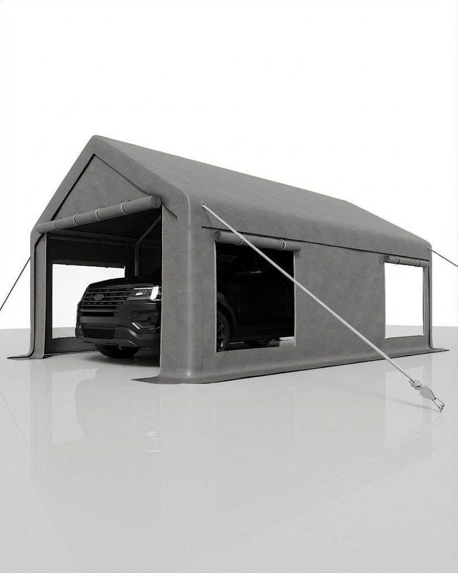 10 x 20ft Carport, Portable Carport with Roll-Up Windows & Removable Sidewalls & Doors Thickened Wind Ropes, Ground Nails, Portable Garage for Cars, Trucks, Boats, 200G Durable Tarp Cover,Grey