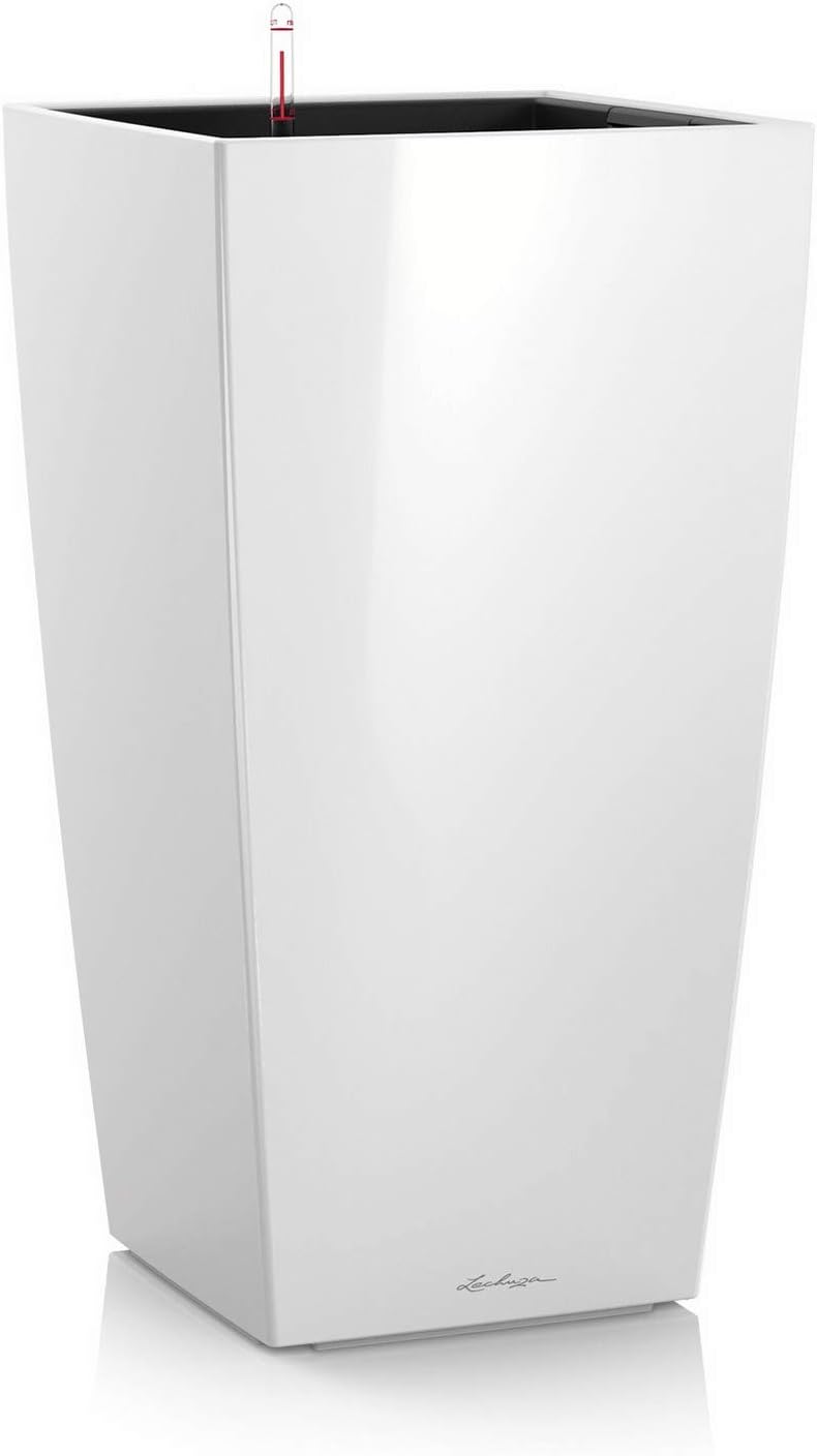 Lechuza CUBICO 40 Cream White High Gloss, Self-Watering Tall Planter, H29.5 L15.7 W15.7 in