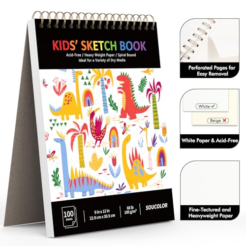 Image of Soucolor Sketch Book for Kids, 9 inch x 12 inch Kids Sketchbook, Boys & Girls Gift | 100 Sheets Tear-out Acid-Free Drawing Paper |Spiral bound Smooth Paper for Pencils Markers Crayons, Art Supplies for Kids 3+