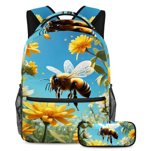 Sac à dos d'école abeille et fleur multicolore avec trousse assortie pour enfants