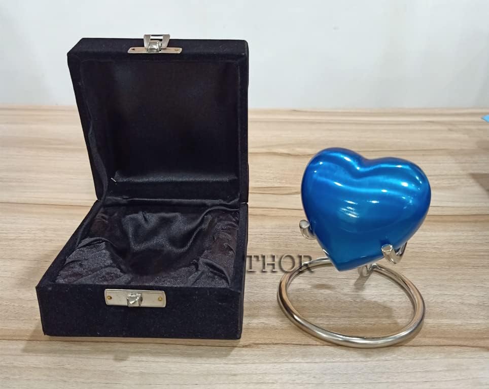 Urne Souvenir En Forme De Cœur Bleu – Mini Urne Funéraire Pour Cendres, Faite Main Avec Support Et Boîte Cadeau Élégante – Hommage Tendre Et Discret à Votre Proche