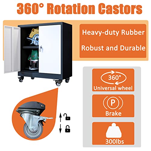 Metal Garage Storage Cabinet With Wheels,Adjustable Shelves With Doors And Lock,Sturdy And Durable Heavy Duty Utility Storage Cabinet For Office/Garage/Kitchen/Pantry Organizer Storage Cabinet/White #TOP1