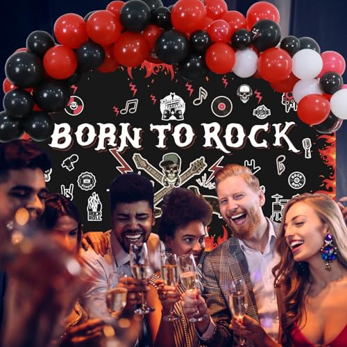 Image of Crenics Rock and Roll Party Decorations - Born to Rock Backdrop Banner, Balloons Arch Kit and Guitar Foil Balloons for Star Music Theme Birthday Party Supplies