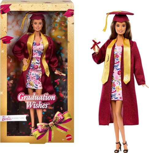 Barbie Signature Deseos de graduación, muñeca con Toga Burdeos y Birrete con Borla, Juguete Coleccionable con Embalaje Regalar, JJX81