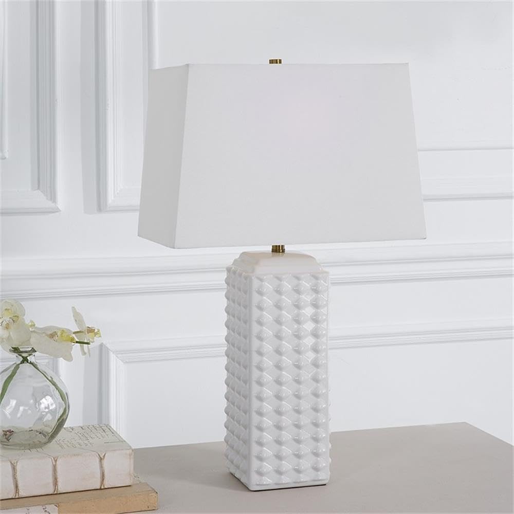 BOWERY HILL Ceramic Table Lamp, 25" H x 15" W x 9" D, Gloss White Finish, Organic Diamond Knob Design, Rectangular White Linen Shade, Contemporary Style Lamp for Living Room, Bedroom or Office Decor