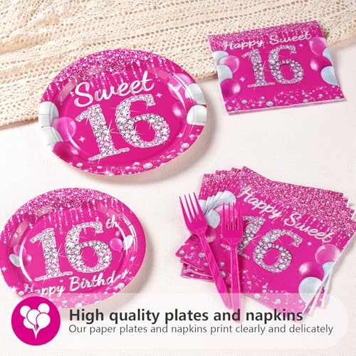 Image of Grencian 96 Pcs Hot Pink 16th Birthday Party Supplies for Girls, Serves 24 | Hot Pink Sixteenth Birthday Plates and Napkins Tableware Sets for Girls Happy 16 Year Old Birthday Party Favors