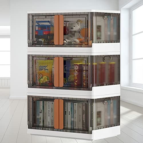 Stackable Storage Bins With Lids and Double Doors, Collapsible Plastic Closet Organizers and Storage, Large Size Folding Storage Box Containers With Wheels for Home Kitchen (3 Pack, 8.5Gal)