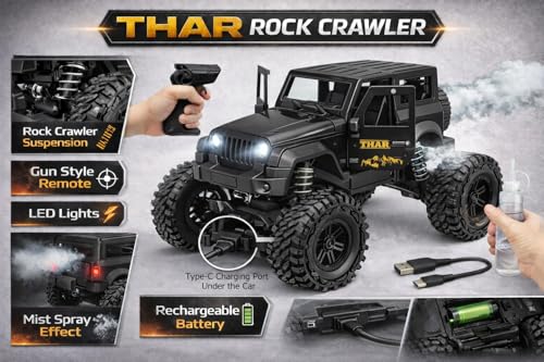 Image of TEC TAVAKKAL 75 Feet+ Range Remote Control Off Road Rock Climbing Car for Kids, Rechargeable Thar Toy with Mist Spray, Openable Doors, Front LED, Shock Absorbers, 2WD, USB-C Port (Black)