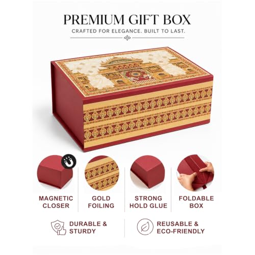 Image of Kura by Ekhasa Large Foldable Gift Box (26.5 x 21 x 11 cm) | Magnetic Closure, Traditional Printed Temple Design, Saree Packing, Hamper Packaging, Wedding, Festive & Housewarming Gifting