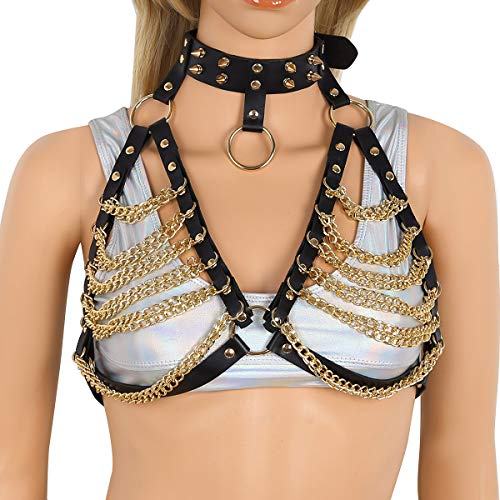 SYTH Damen Glänzend Bikini Weste Harness Offene Brust Bustier Neckholder Top Körpergeschirr Gürtel Verstellbar Punk Gothic Zubehör Party DJ Tanz Black-1 Cover