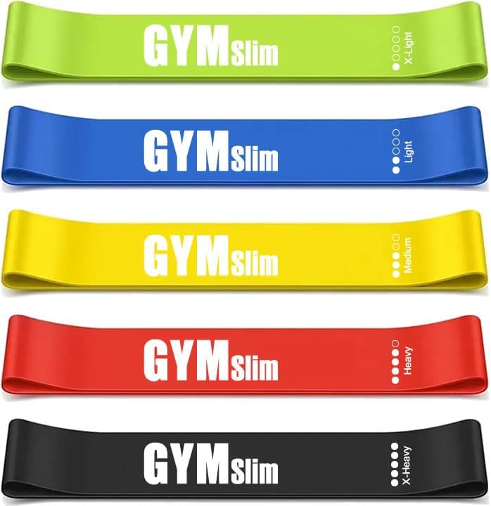 GYMslim Resistance Bands Set, 5 Exercise Loop Band With 5 Levels of Tension For Men and Woman, Fitness, Strength, Training, Stretching, Physio, Toning, Free Bag & Exercise Guide