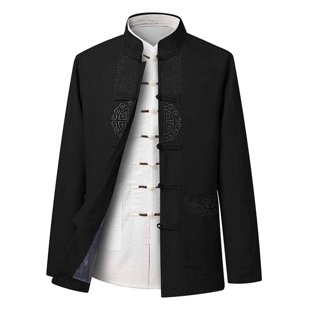 ZHOUXIAO Tang Suit Men Chinese Traditional Clothes Long Sleeve HanFu Kung Fu Uniform Jacket Tops, Tai Chi Uniform Chinese Martial Arts Uniform Meditation Suit black-L