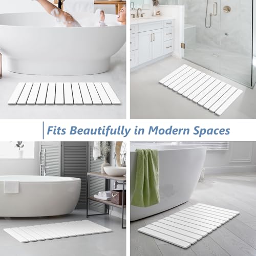 Image of AWW Foldable Stone Bath Mat, Diatomaceous, 31.5 inchx15.7 inch, White | Quick-dry surface, super absorbent, easy-clean finish, non-slip mat included, and compact storage for small bathrooms