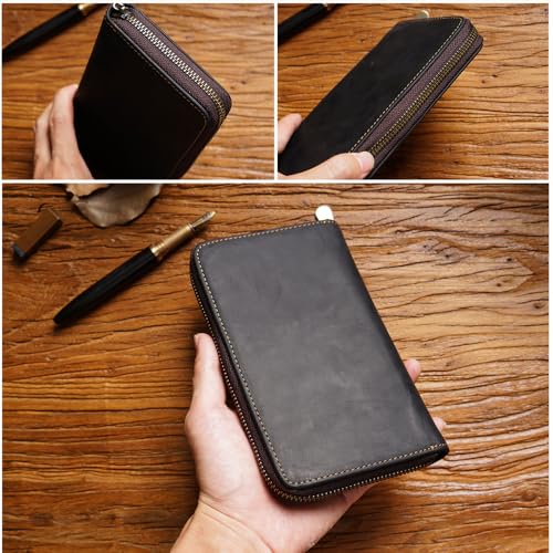 Image of Genuine Leather 5-Slot Pencil Case, Portable Travel Pen Organizer | Versatile organizer for art supplies, office essentials, makeup brushes, suitable for men, women, students, artists.