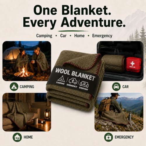 Image of Wool Camping Blanket - 70% Wool Heavy-Duty Military Style Throw, Warm & Washable, Fire Retardant Cover for Emergency, Survival & Outdoor Use - Perfect for Camping, Car, Home & Hiking, Olive 62x84