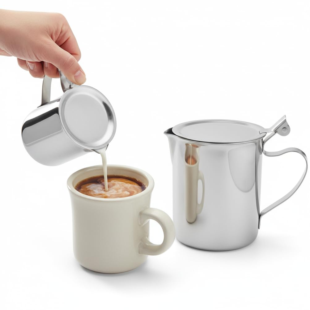 10 oz. Stainless Steel Creamer Server with Lid & Closed Handle – Durable Mirror-Finish Creamer Pitcher for Coffee, Syrup, Salad Dressings, Gravy –