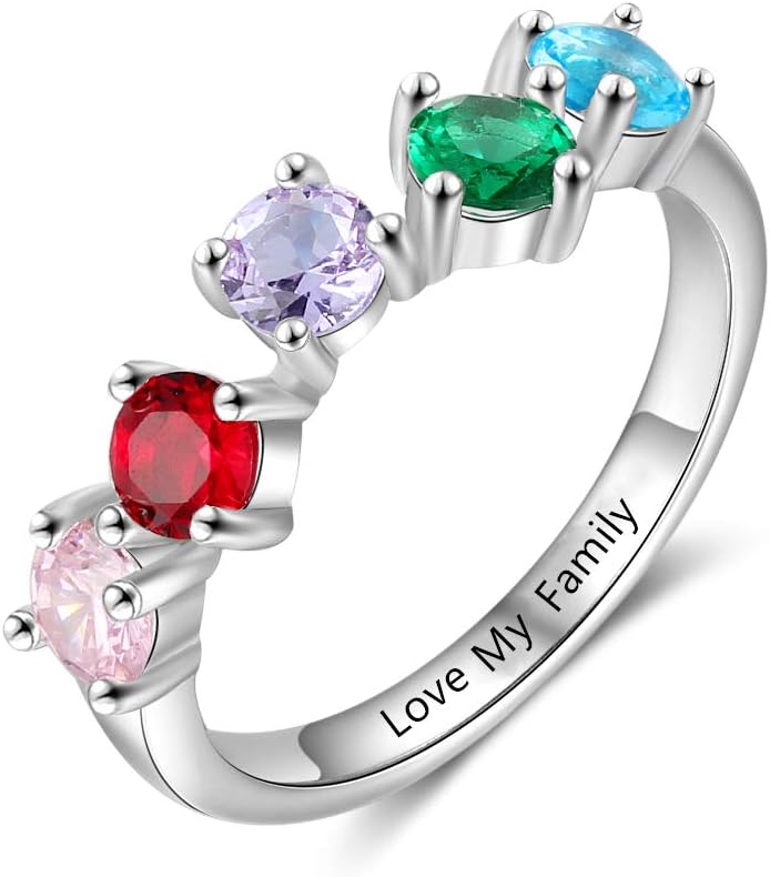Personalized Mothers Rings with 5 Children Simulated Birthstones Family Rings for Grandma Women Mothers