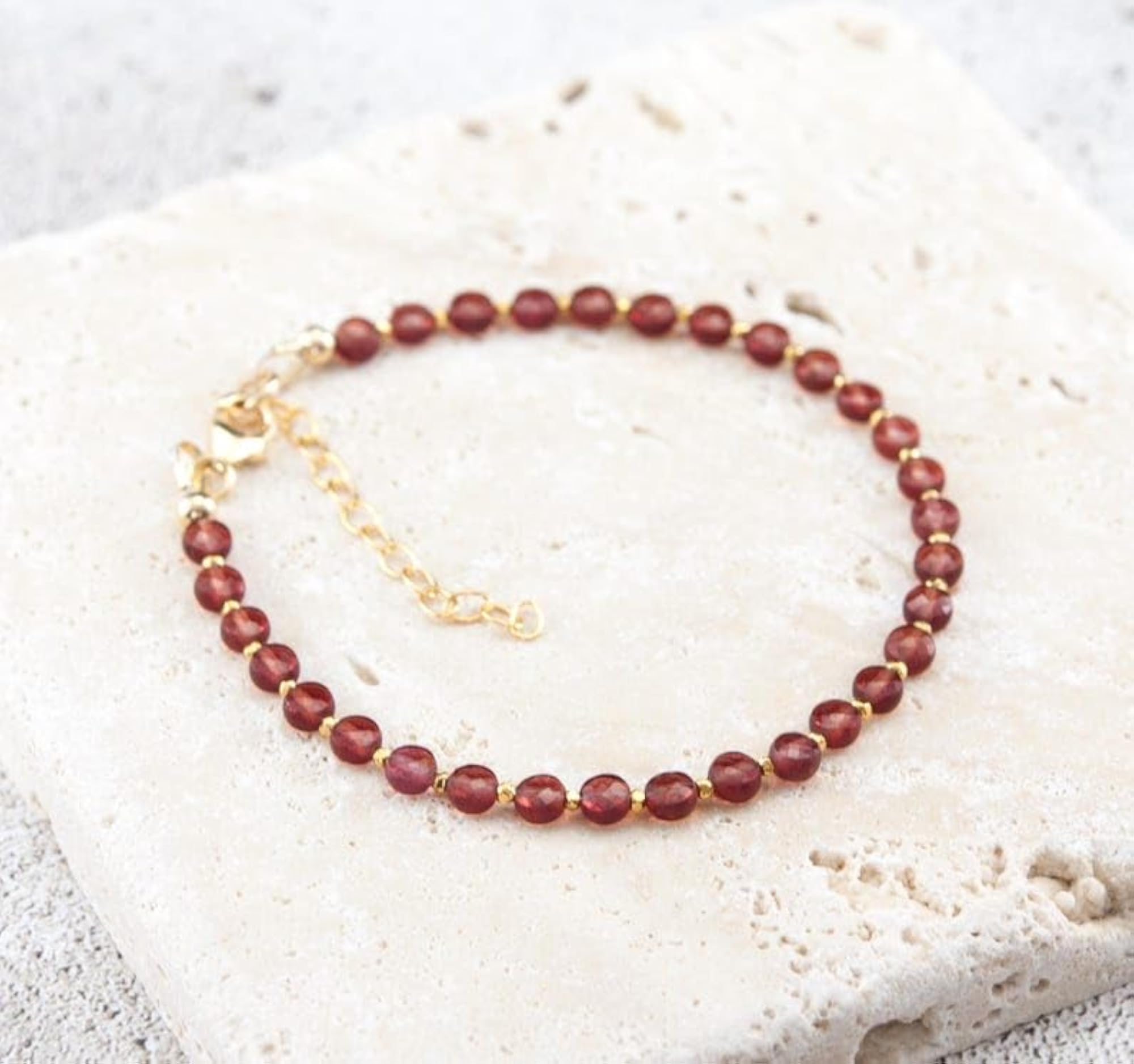 Garnet Coin Beaded Bracelet with Gold Lock, Adjustable