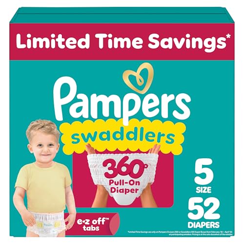 Image of Pampers Diapers - Swaddlers 360° - Size 5, 52 Count, up to 100% Leakproof Comfy Dry Fit, Designed for Easy Changes, Pull On Baby Diaper (Packaging May Vary)