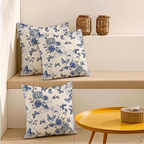 Image of Jaipur Weaves Cushion Cover 16 Inch X 16 Inch - Set of 3, Butterfly Print 180 GSM Decorative Soft Cushion Covers for Sofa /Bed /Chair, Gift for Home Decor (Blue Butterfly, 3)