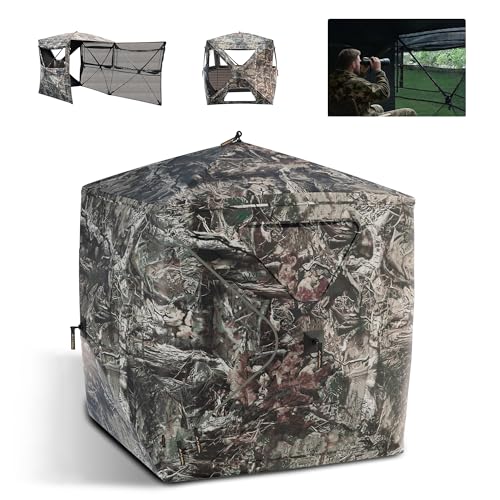 FLISSA Hunting Blind See-Through with Full-Opening Door, 2-3 Person Ground Camouflage Tent, 270 Degree, Portable and Durable 300D Reinforced Blind for Turkey, Deer, and Bear