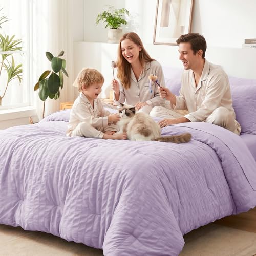 Image of CozyLux Queen Comforter Set Light Purple, 7 Pieces Seersucker Textured Luxury Bed in a Bag Queen, Lavender All-Season Bedroom Bedding Sets with Down Alternative Comforter, Sheets, Pillowcases & Shams