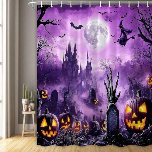Image of Boziqr Halloween Shower Curtain Scary Night Moon Witch Haunted House Pumpkin Bathroom Decor Fall Autumn Gothic Bath Curtain Purple Waterproof Polyester Fabric Set 70 x 70 Inch