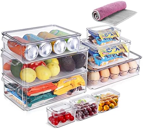ZNM Refrigerator Organizer Bins, Stackable Fridge Organizer for Pantry Organization, Clear Plastic Storage Bins with Handle & Lid for Freezer, Kitchen, Countertops, Cabinets- BPA Free(Set of 9)