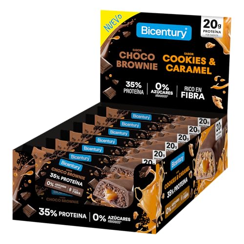 Bicentury Barritas Proteicas Choco Brownie 20g Proteína | Pack 12 Barritas | Sin Azúcares Añadidos | Alto en Fibra | Snack Fitness Rico en Proteínas